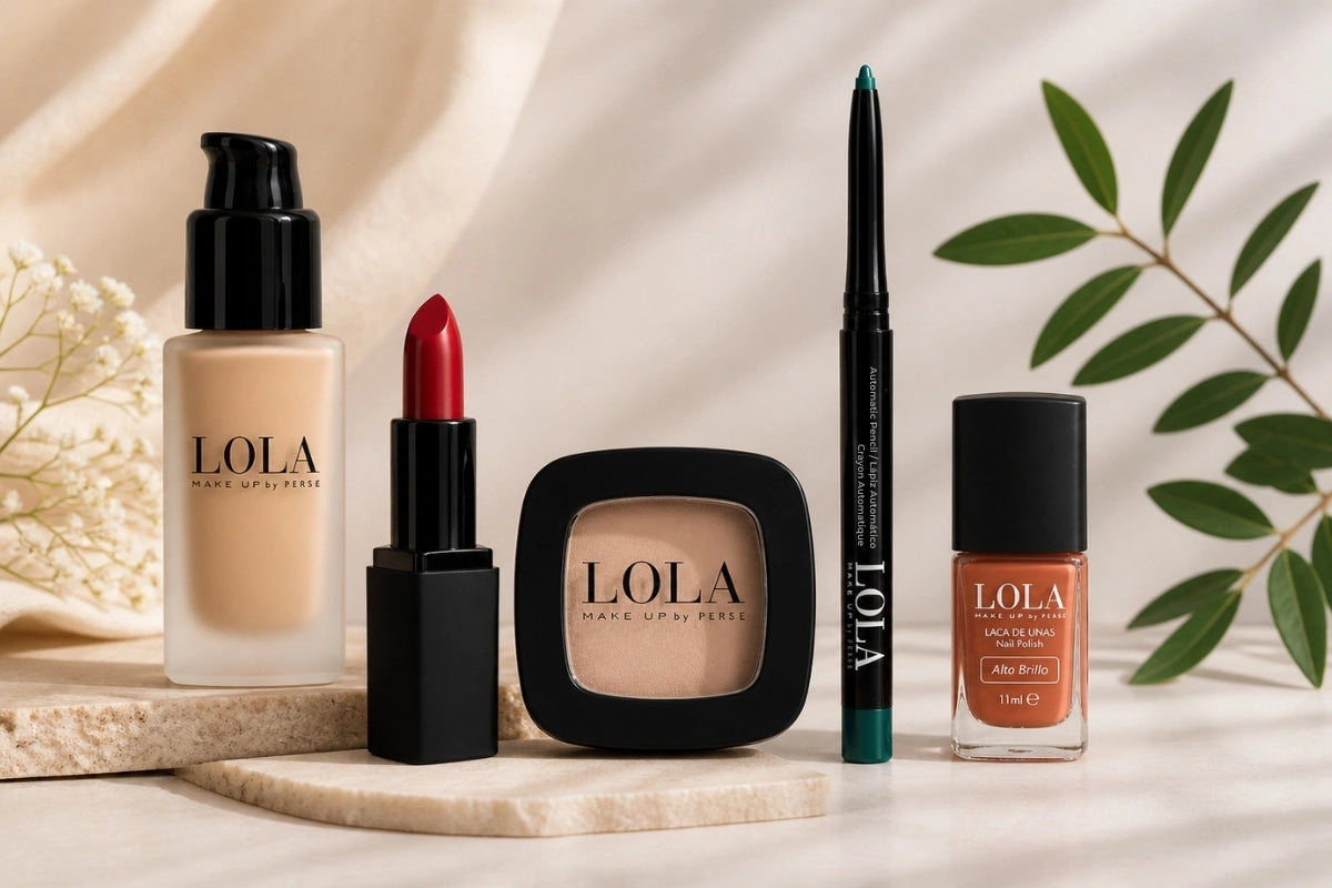 LOLA makeup products including foundation, lipstick, and eyeliner on a neutral background with green leaves.